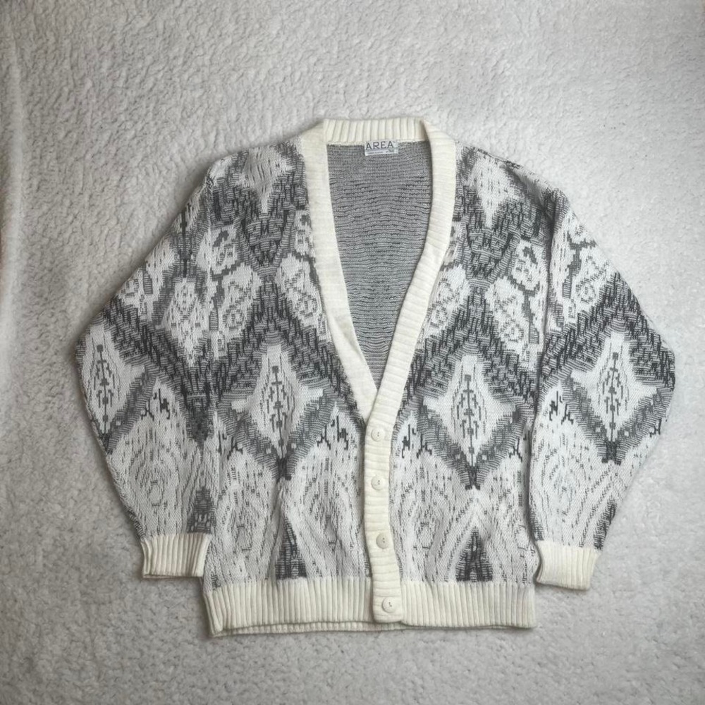 Vintage USA made cardigan men's white pattern‎ sweater soft preppy L
